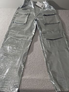 NEW Rebdolls | Lena Metallic Silver Croc Wide Leg Cargo Pants | Womens Medium